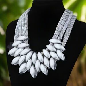 Womens Multi Strand Mesh‎ Silver Tone Pendant Statement Necklace